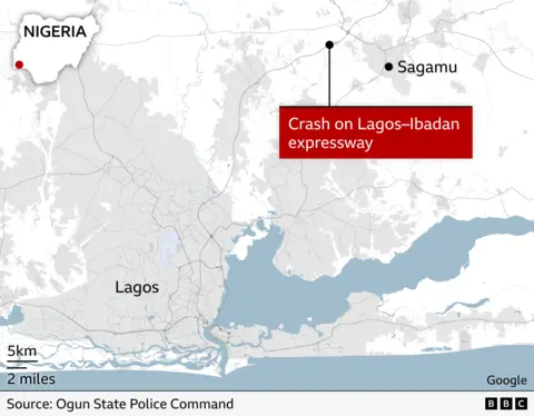 A map of Nigeria, showing the site of the crash, Lagos and Sagamu