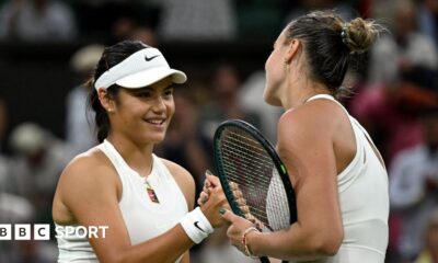 Emma Raducanu and Aryna Sabalenka shake hands after their Wimbledon match