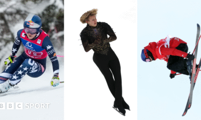 Lindsey Vonn skiing, Ilia Maninin performs figure skating trick and Eileen Gu does freestyle skiing trick