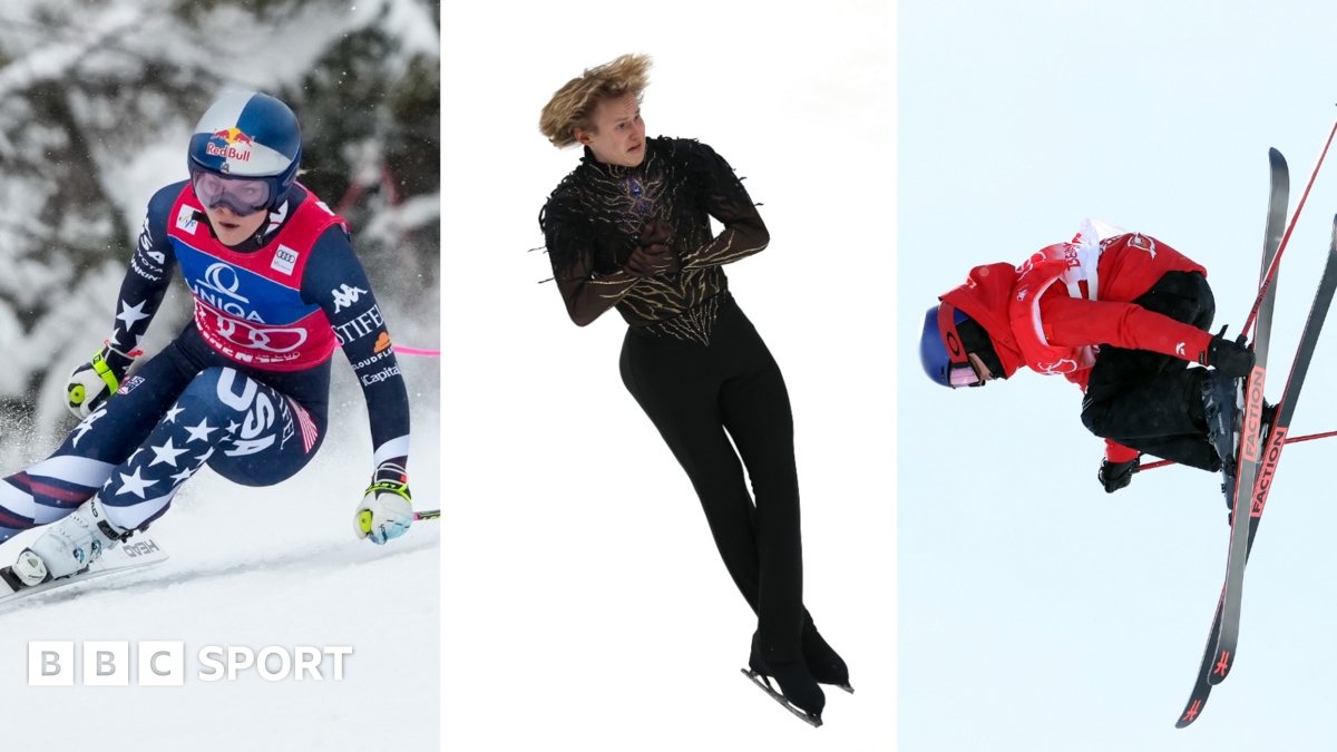 Lindsey Vonn skiing, Ilia Maninin performs figure skating trick and Eileen Gu does freestyle skiing trick