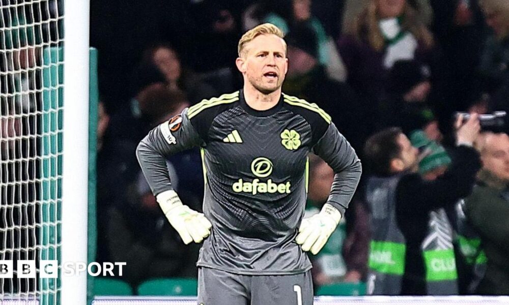Kasper Schmeichel looks dejected after conceding a goal against Stuttgart