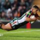 Leicester Tigers player Izaia Parese scoring a try