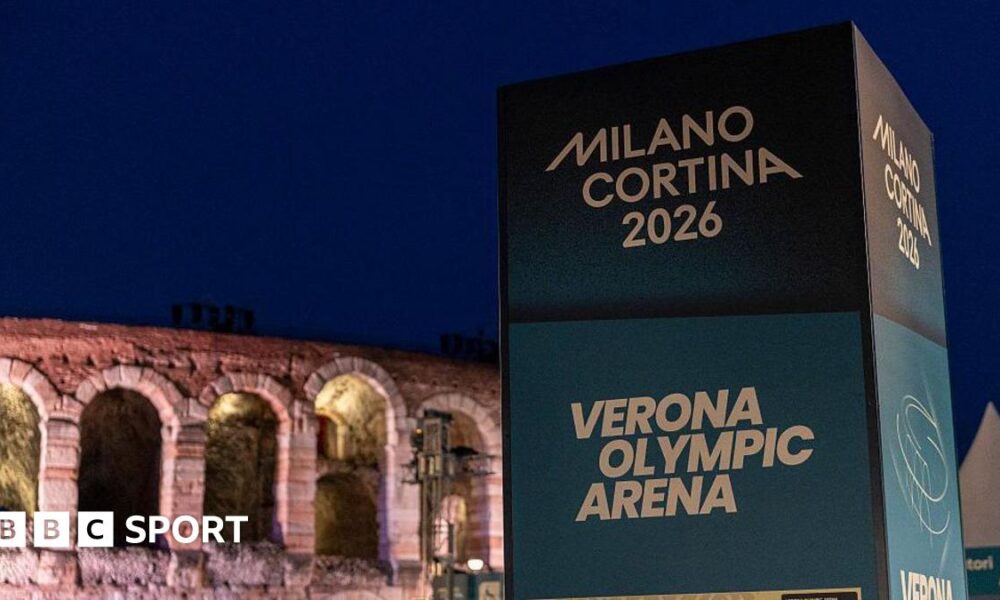 A sign for the Milano Cortina Games in front of Verona Arena - an historic stone-build venue.