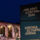 A sign for the Milano Cortina Games in front of Verona Arena - an historic stone-build venue.
