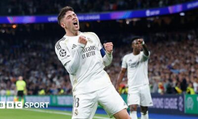 Federico Valverde celebrates scoring for Real Madrid against Manchester City