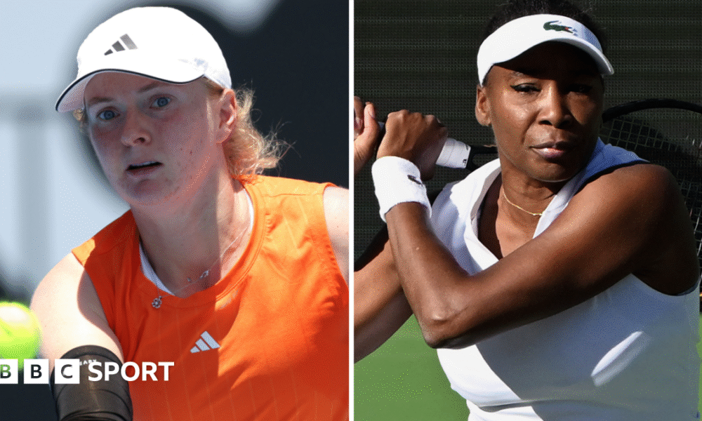 Great Britain's Fran Jones and America's Venus Williams in a split picture, with Jones in orange tennis outfit and white cap and Williams in white tennis outfit and white visor