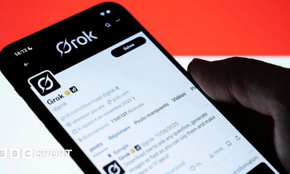 Photograph of a mobile with the X page about Grok
