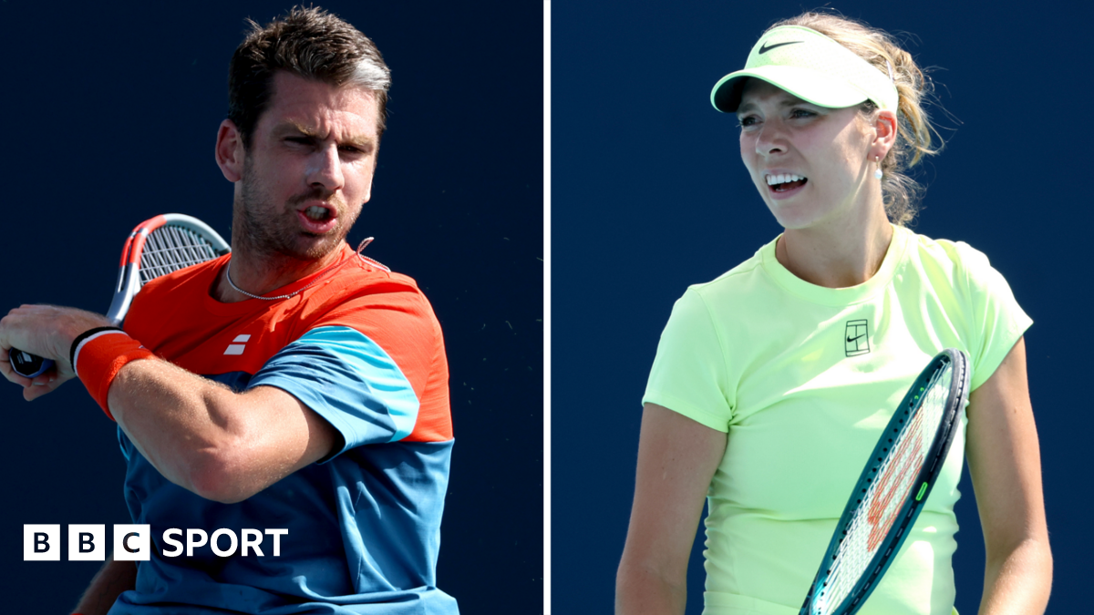 Cameron Norrie plays a forehand while Katie Boulter looks disappointed between points