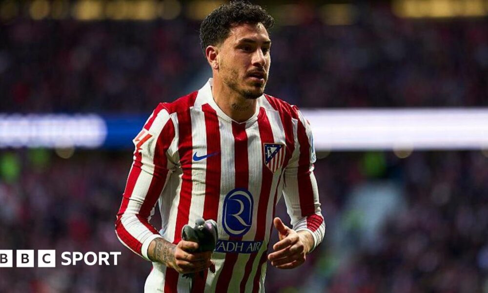 Jose Gimenez of Atletico Madrid takes a pigeon of the pitch during the La Liga match between Atletico de Madrid and Real Sociedad