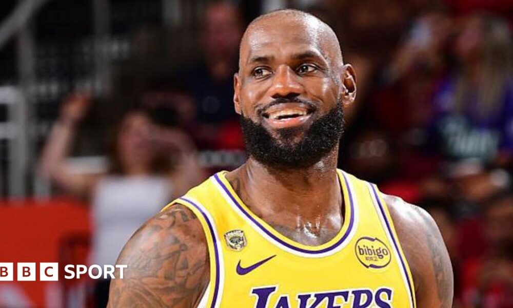 LeBron James smiles while playing for the Los Angeles Lakers against the Houston Rockets in game three of their 2026 NBA play-off series