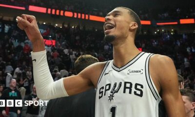 Victor Wembanyama celebrates after the San Antonio Spurs win game four of their NBA play-off series against the Portland Trail Blazers in April 2026