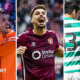 Rangers' Youssef Chermiti and Bojan Miovski, Hearts' Claudio Braga and Celtic's Alex Oxlade-Chamberlain celebrate