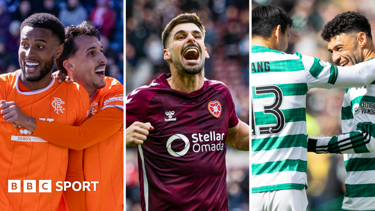 Rangers' Youssef Chermiti and Bojan Miovski, Hearts' Claudio Braga and Celtic's Alex Oxlade-Chamberlain celebrate