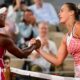 Sloane Stephens and Aryna Sabalenka shake hands after their night match in 2023