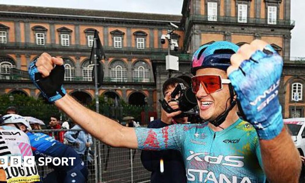 Davide Ballerini celebrates winning stage six of the Giro d'Italia