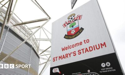 A general view of a sign showing Southampton's badge outside St Mary's Stadium