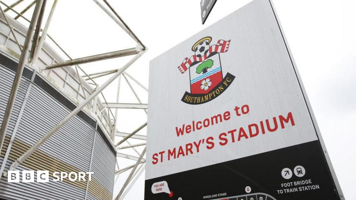 A general view of a sign showing Southampton's badge outside St Mary's Stadium