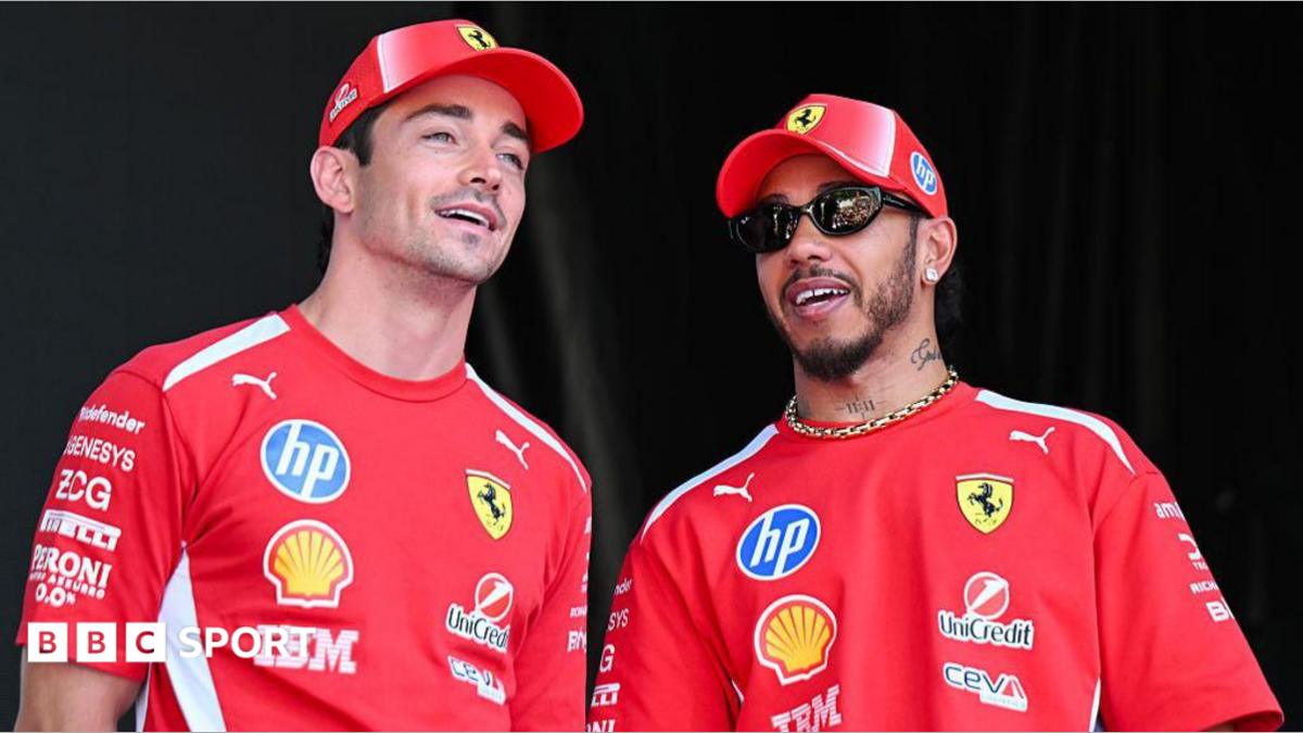 Charles Leclerc and Lewis Hamilton on stage at the fan zone in Barcelona