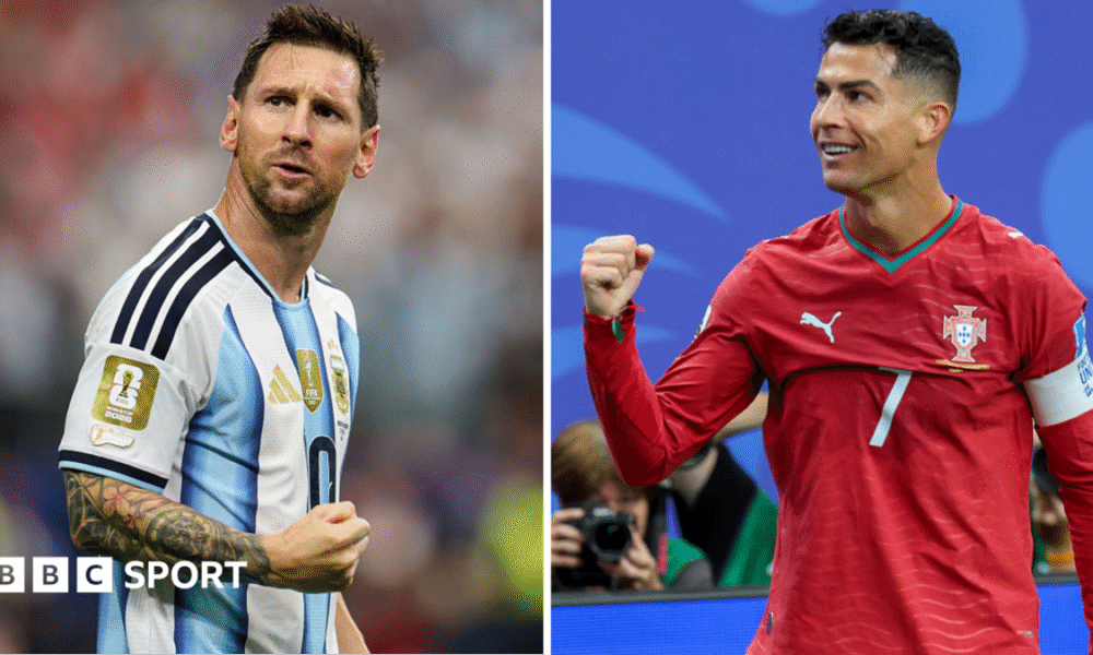 Lionel Messi (left) and Cristiano Ronaldo (right) celebrate goals at the World Cup