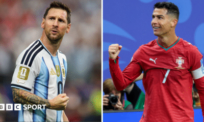 Lionel Messi (left) and Cristiano Ronaldo (right) celebrate goals at the World Cup
