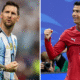 Lionel Messi (left) and Cristiano Ronaldo (right) celebrate goals at the World Cup