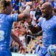 Leeds' Maika Sivo (right) celebrates scoring a try against Hull KR.