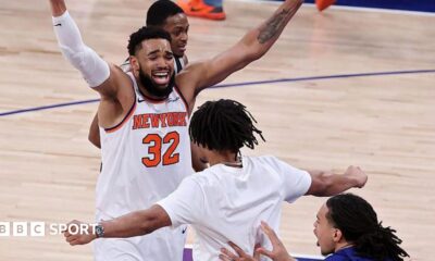 Karl-Anthony Towns and New York Knicks team-mates celebrate after they beat the San Antonio Spurs in game four of the 2026 NBA Finals