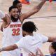 Karl-Anthony Towns and New York Knicks team-mates celebrate after they beat the San Antonio Spurs in game four of the 2026 NBA Finals