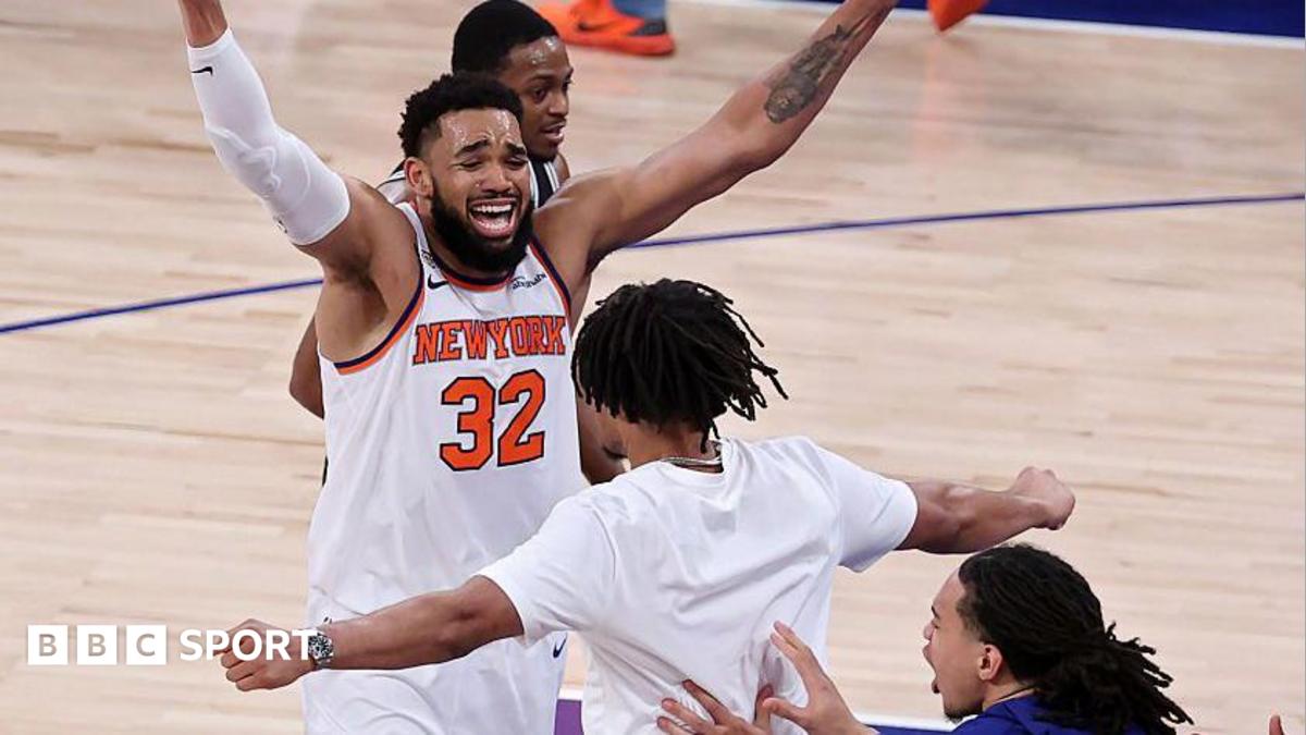 Karl-Anthony Towns and New York Knicks team-mates celebrate after they beat the San Antonio Spurs in game four of the 2026 NBA Finals
