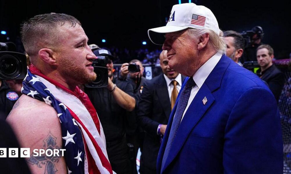 Justin Gaethje and Donald Trump talk in the octagon