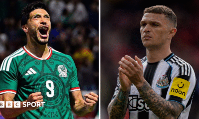 A split graphic of Raul Jimenez and Kieran Trippier