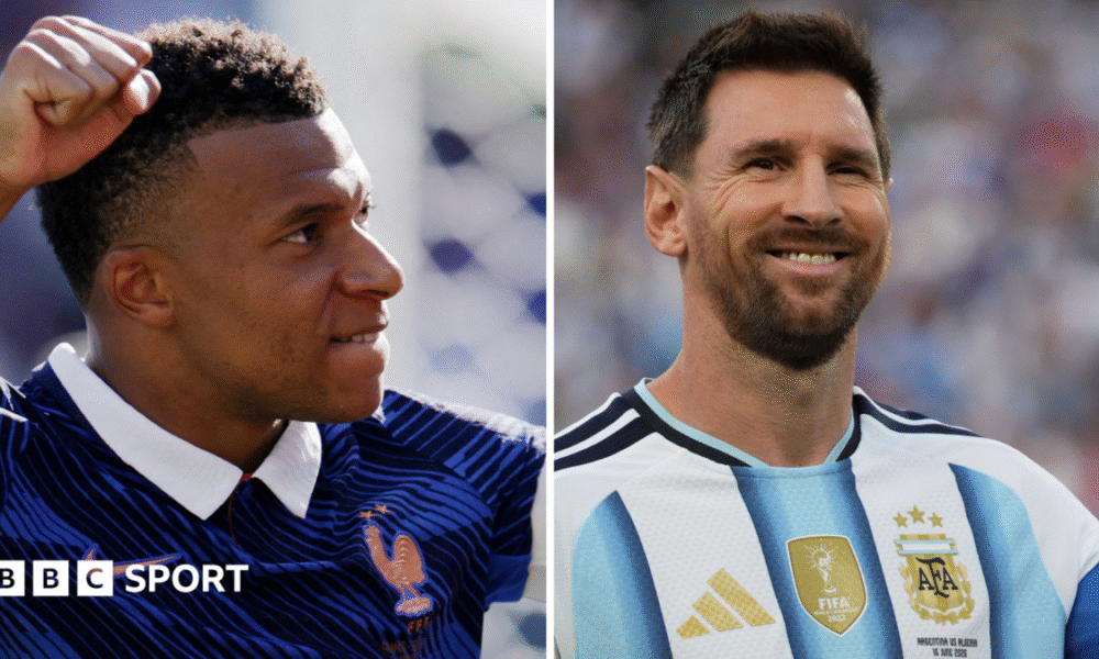 A split image of France striker Kylian Mbappe and Argentina's Lionel Messi celebrating scoring goals at the 2026 World Cup