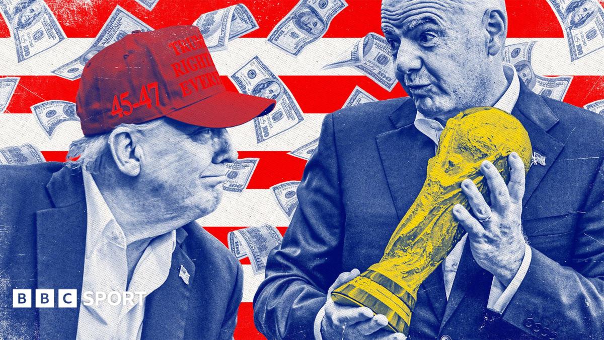 Stylised image of Donald Trump looking at Gianni Infantino holding the World Cup with dollar bills behind their heads