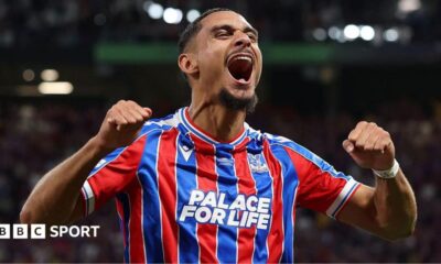 Maxence Lacroix celebrating after Crystal Palace's Europa Conference League final won over Rayo Vallecano.