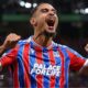 Maxence Lacroix celebrating after Crystal Palace's Europa Conference League final won over Rayo Vallecano.