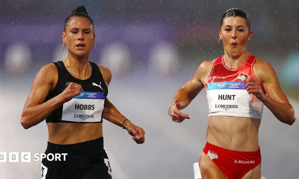 England's Amy Hunt celebrates winning a silver medal in the 100m at the Commonwealth Games in Glasgow