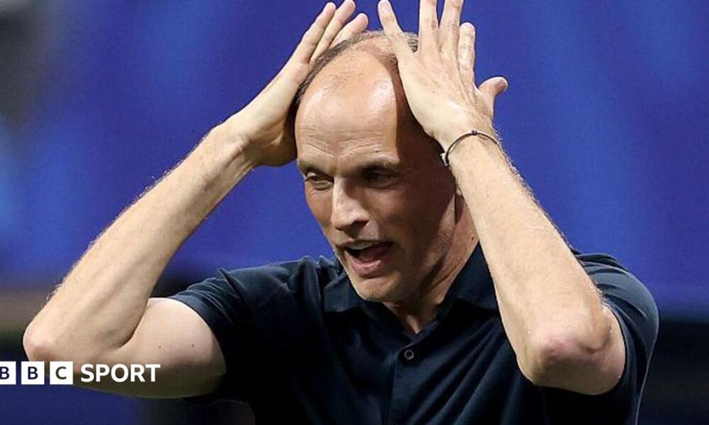 England manager Thomas Tuchel has an exasperated look as he raises his hands to his head