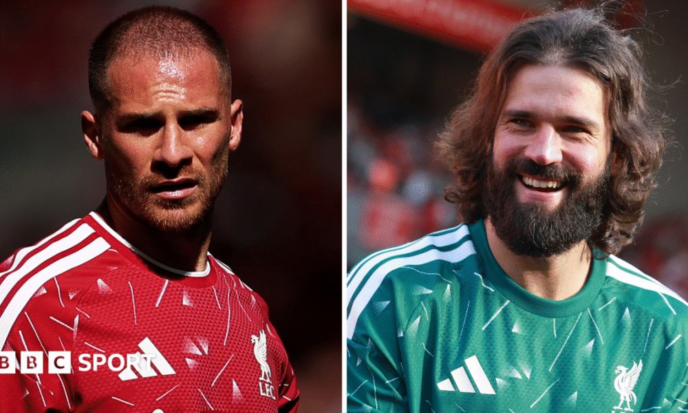 Alexis Mac Allister and Alisson during Liverpool's final game of the 2025-26 season