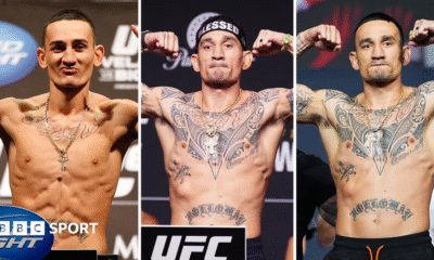 Three images of Max Holloway showing his body shape changing from featherweight to lightweight and then welterweight