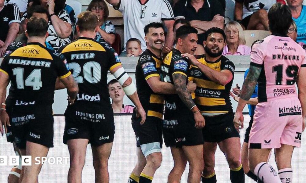 York Knights players celebrate Nikau Williams's second half try