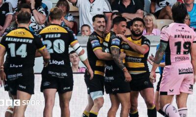 York Knights players celebrate Nikau Williams's second half try