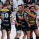 York Knights players celebrate Nikau Williams's second half try