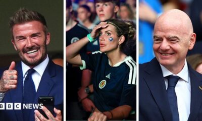 A composite image of Sir David Beckham, a Scotland fan, and Fifa President Gianni Infantino