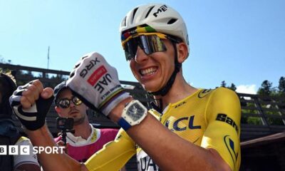 Tadej Pogacar celebrates after winning stage 10 of the 2026 Tour de France