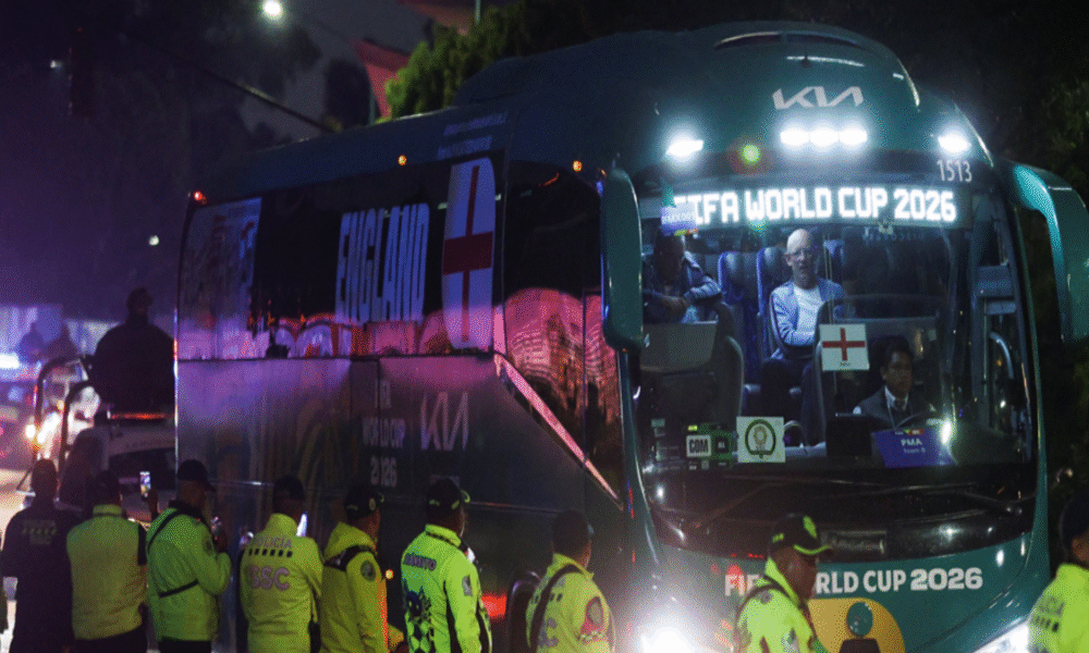 near the England team's hotel before their arrival for their World Cup last-16 game with Mexico in Mexico City