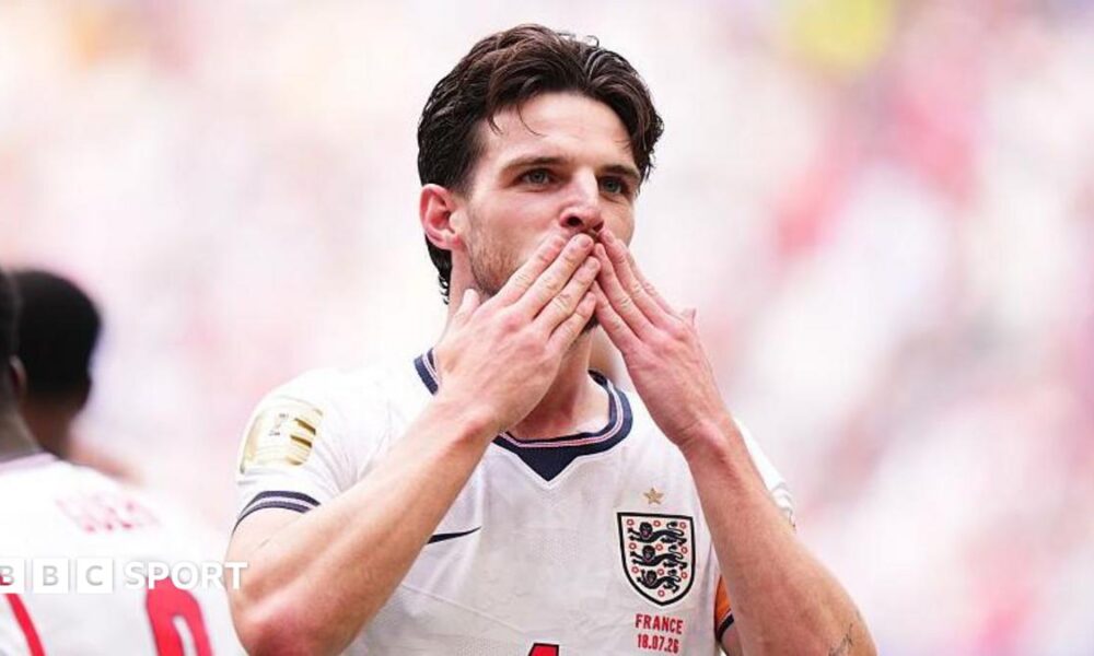 Declan Rice celebrates scoring for England against France in their World Cup third-place play-off