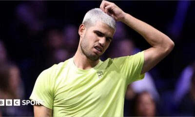 Carlos Alcaraz of Spain reacts during the second round match against Cameron Norrie of Great Britain on day two of the Rolex Paris Masters 2025