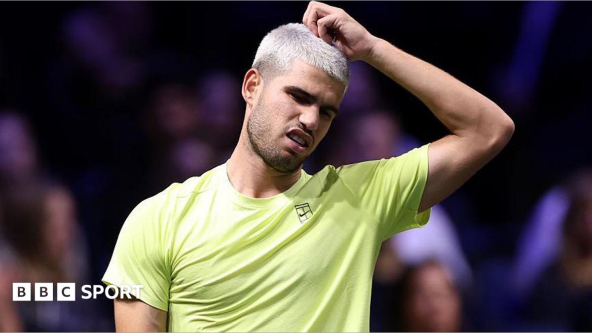 Carlos Alcaraz of Spain reacts during the second round match against Cameron Norrie of Great Britain on day two of the Rolex Paris Masters 2025