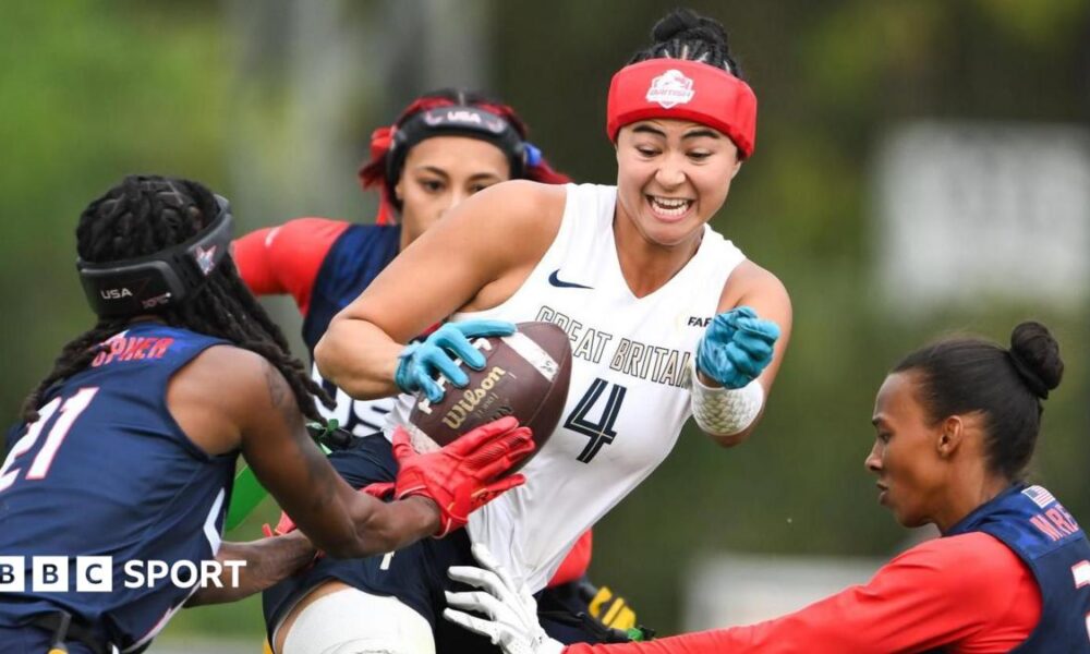 Angelica Tait is tackled during Great Britain's semi-final defeat by the USA at the 2026 Flag Football World Championships