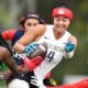 Angelica Tait is tackled during Great Britain's semi-final defeat by the USA at the 2026 Flag Football World Championships